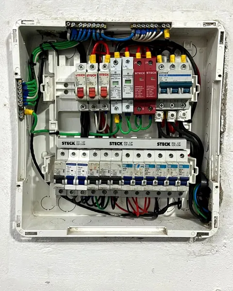 Quadro de distribuição novo na parede branca, com os disjuntores em fila, os fios organizados e um protetor contra surto vermelho