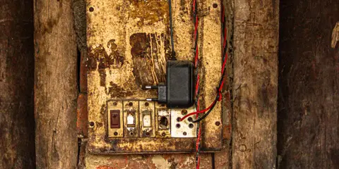 Quadro de luz antigo e gasto numa parede de tijolo